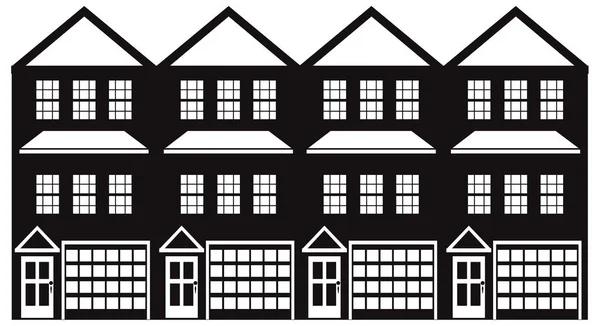Townhouse with Tandem Garage Black and White vector Illustration — Stock Vector