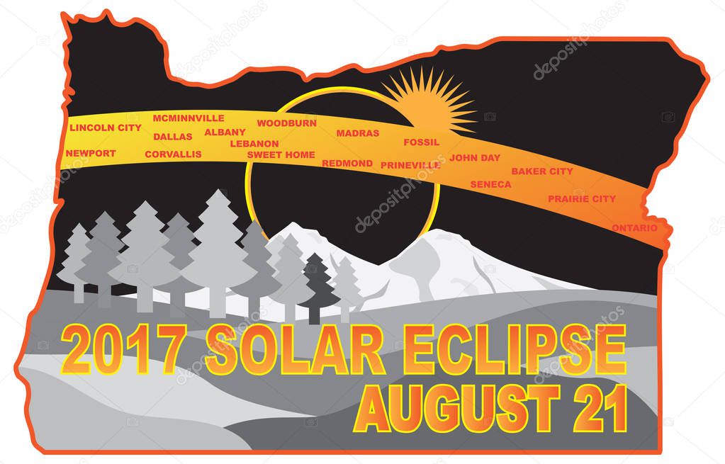 2017 Solar Eclipse Across Oregon Cities Map vector Illustration