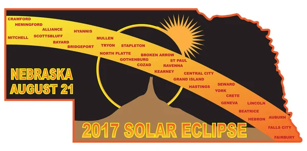 2017 Eclipse Solar A través de Nebraska Ciudades Mapa vector Ilustración — Vector de stock