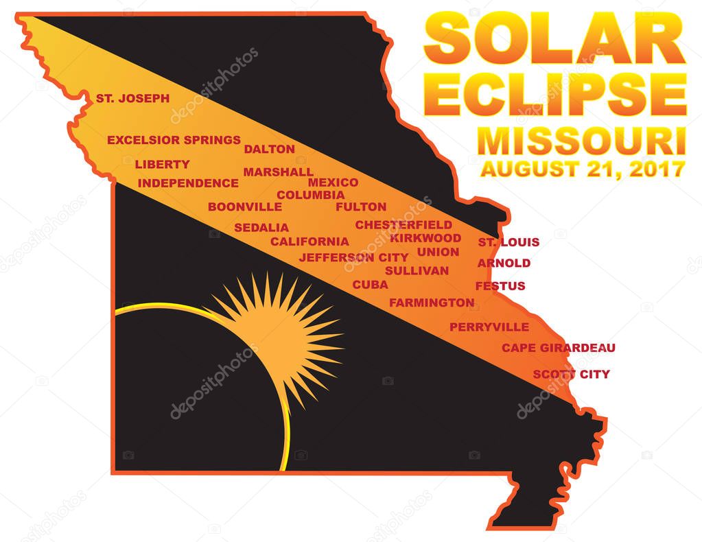 2017 Solar Eclipse Across Missouri Cities Map vector Illustration