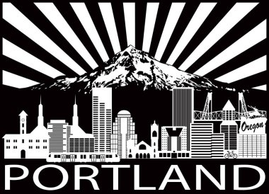 Portland şehir manzarası ve Mount Hood siyah beyaz illüstrasyon vektör