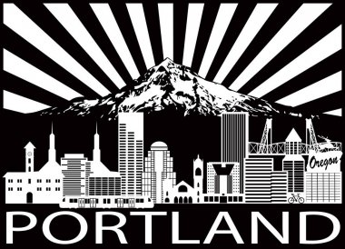 Portland City Skyline and Mount Hood Black White vector Illustration clipart