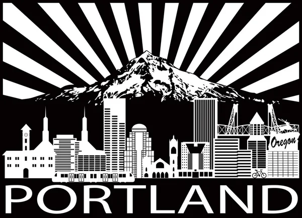 Portland şehir manzarası ve Mount Hood siyah beyaz illüstrasyon vektör — Stok Vektör