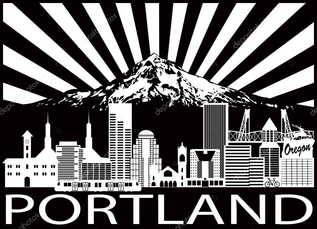Portland City Skyline and Mount Hood Black White vector Illustration