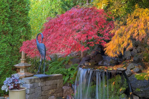 Home Garden Backyard Fall Colors by Waterfall Pond — Stock Photo, Image