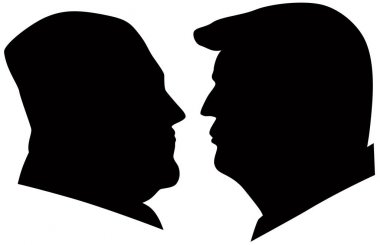 Bizi Başkan Donald Trump ve Kim Jong Un siyah beyaz siluetleri illüstrasyon vektör