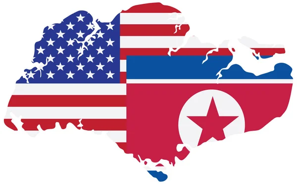 Corea Del Nord Usa 2018 Bandiere Summit Singapore Mappa Profilo — Vettoriale Stock