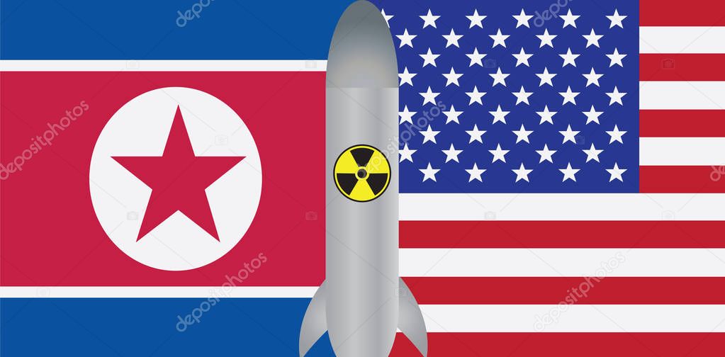 North Korea USA 2018 Summit Flags with Nuclear Missile Symbol Outline Color vector Illustration