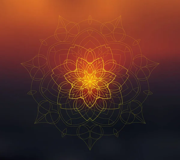 Glänzende Blumen Mandala auf Sonnenuntergang verschwommenen Hintergrund — Stockvektor