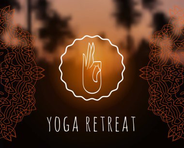Yoga simgesiyle günbatımı tropic arka plan üzerinde çiçek mandala