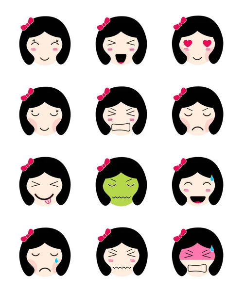 Mignonne collection emoji. Kawaii asiatique fille visage différent humeurs — Image vectorielle