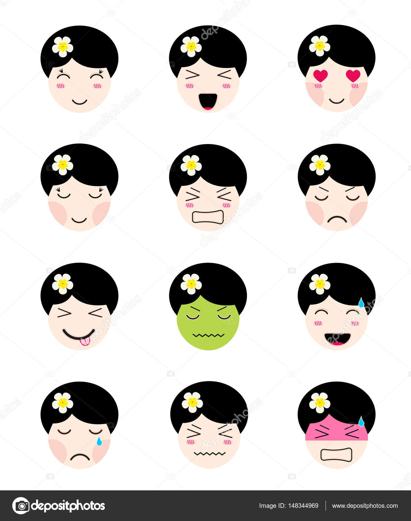 Cute Emoji Collection Kawaii Asian Girl Face Different Moods