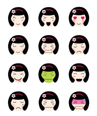 Şirin emoji koleksiyonu. Kawaii Asyalı kız yüz farklı ruh halleri