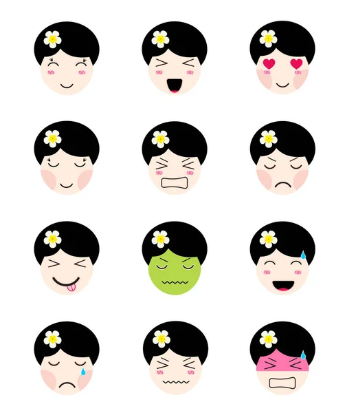 Mignonne collection emoji. Kawaii asiatique fille visage différent humeurs — Image vectorielle