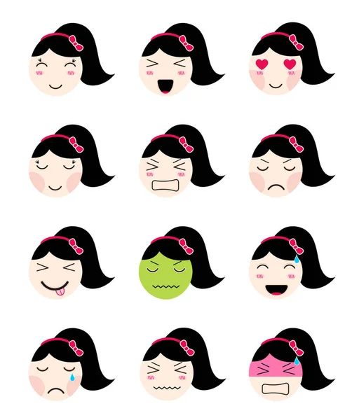 Colección emoji lindo. Kawaii asiático chica cara diferente estados de ánimo — Vector de stock