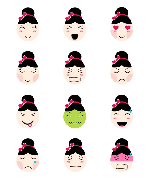 Cute emoji collection. Kawaii asian girl face different moods — Stock Vector