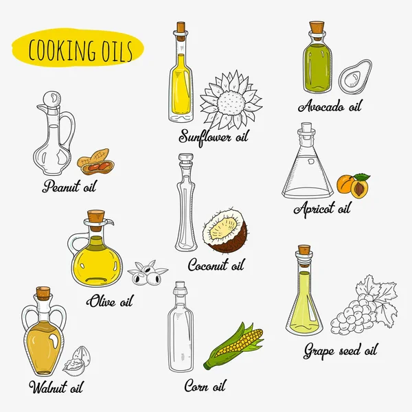 9 óleos de cozinha doodle isolados. Misturado colorido e contorno —  Vetores de Stock
