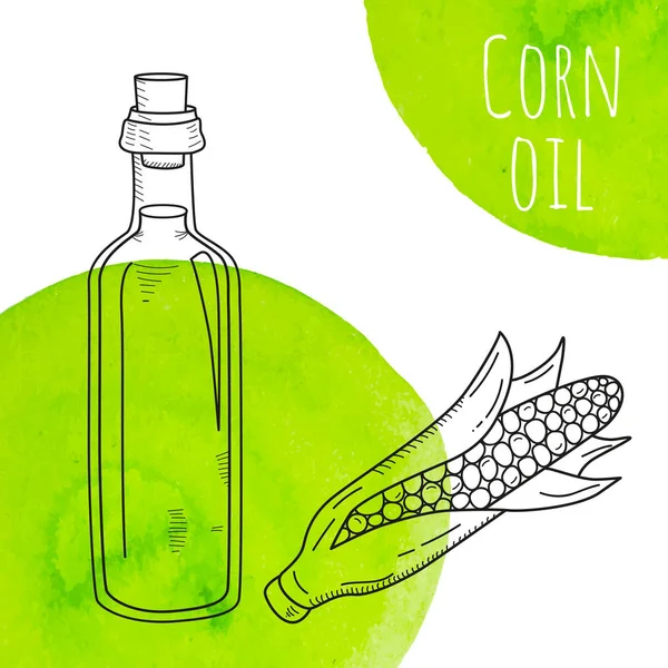 Бутылка кукурузного масла с зелеными пятнами акварели — стоковый вектор