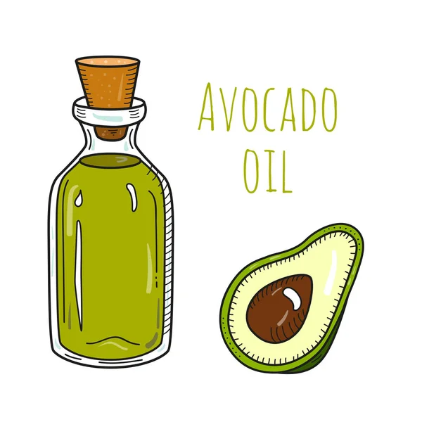 Kleurrijke hand getekende avocado olie fles — Stockvector