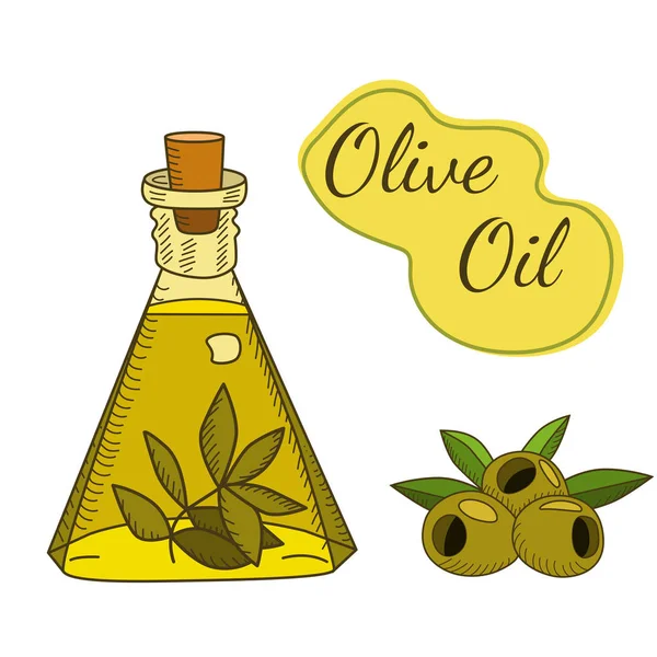 Оливковое масло в бутылке с веткой и ягодами — стоковый вектор
