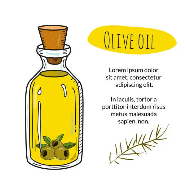 Barevné ručně tažené olivový olej láhev s ukázkovým textem — Stockový vektor