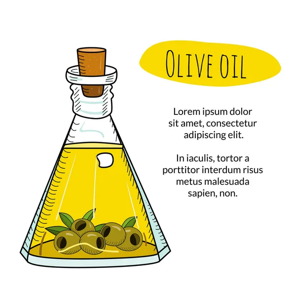 Kleurrijke hand getekende olijfolie fles met voorbeeldtekst — Stockvector