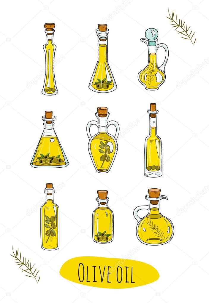 9 isolated doodle olive oils in cute bottles.