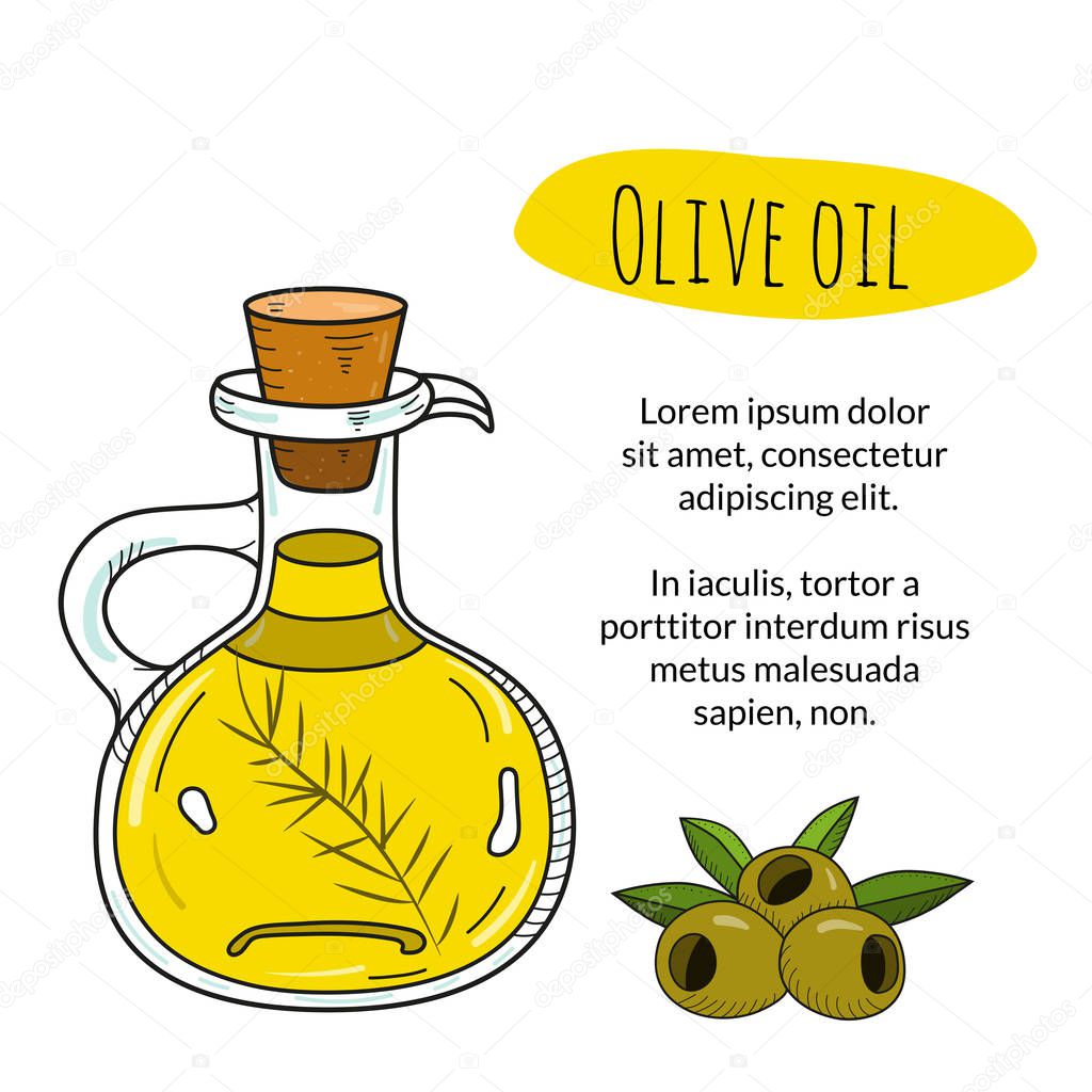 Colorful hand drawn olive oil bottle with sample text