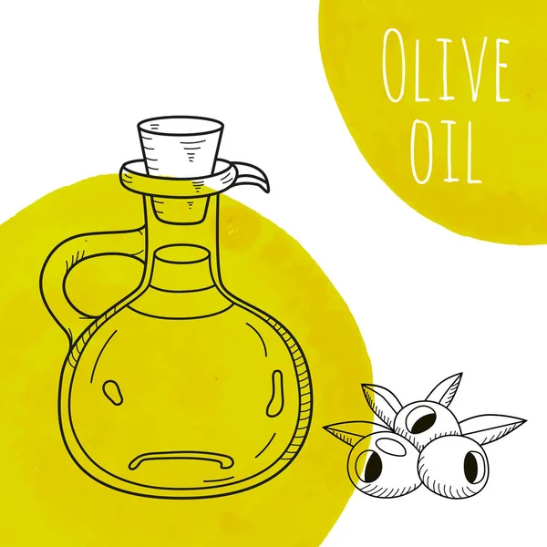 Ručně tažené láhev olivového oleje s zeleným akvarel místa — Stockový vektor