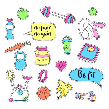 Spor çıkartmaları kümesi. Fitness yama rozetleri el çekilmiş.