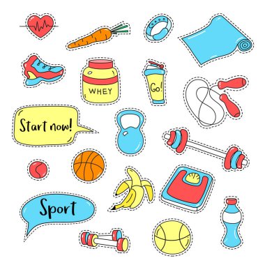 Spor çıkartmaları kümesi. Fitness yama rozetleri el çekilmiş.