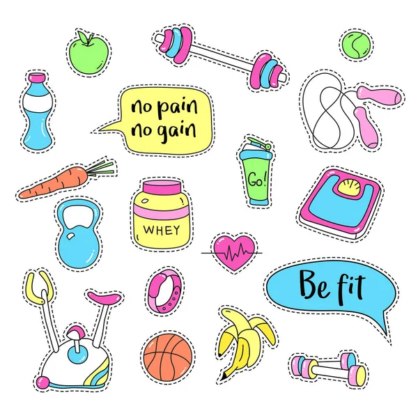 Sport stickers set. Hand drawn fitness patch badges. — Stock Vector