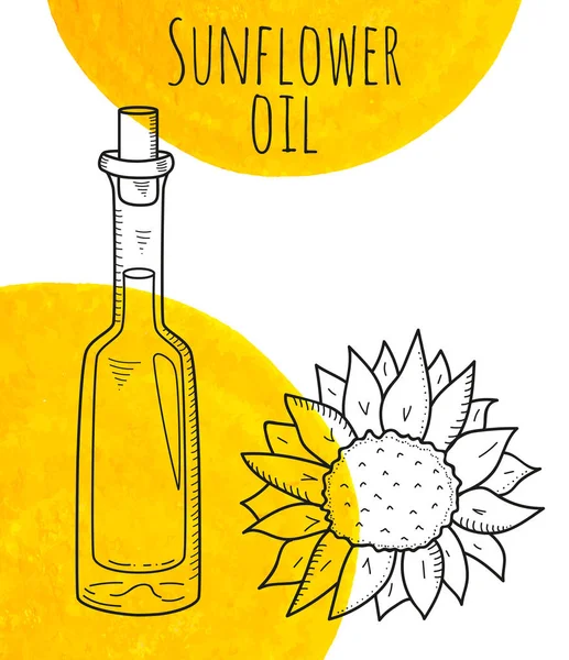 Handgezeichnete Sonnenblumenflasche mit gelben Aquarellflecken — Stockvektor