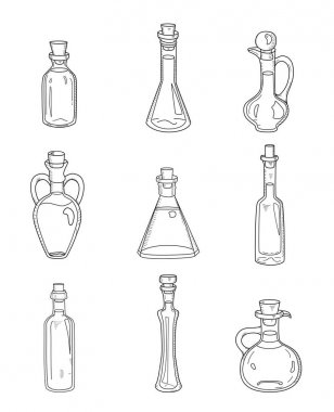 9 izole doodle şişe. Yarım yamalak elle çizilmiş seti