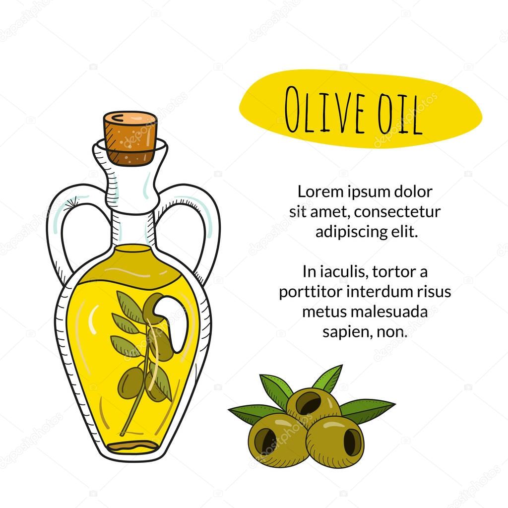 Colorful hand drawn olive oil bottle with sample text