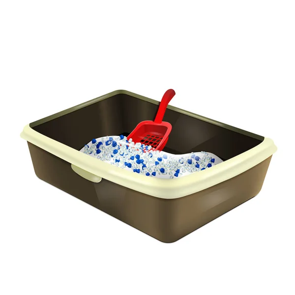 Ilustración vectorial, caja de arena para gatos con gel de sílice y cuchara — Vector de stock
