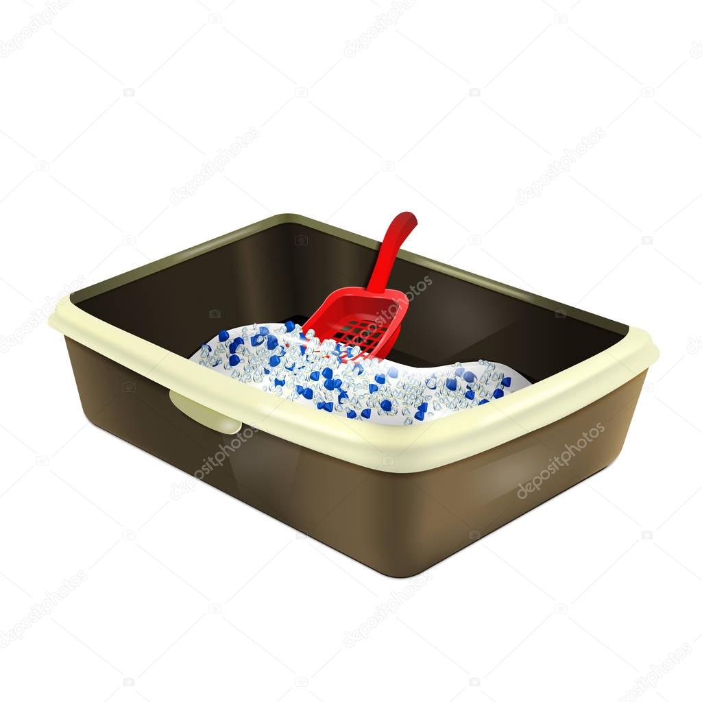 Vector illustration, cat litter box with silica gel and scoop