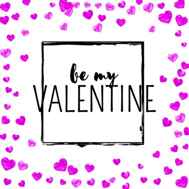 Pembe glitter kalpler ile Sevgililer günü kartı. 14 Şubat. Sevgililer günü kartı şablonu için vektör konfeti. Grunge el çekilmiş doku.