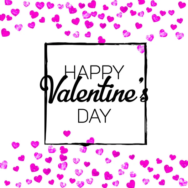 Tarjeta de San Valentín con corazones de purpurina rosa. 14 de febrero. Vector confetti para la plantilla de tarjeta de día de San Valentín. Grunge textura dibujada a mano . — Vector de stock