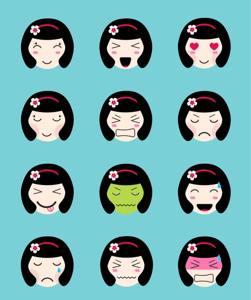 Mignonne collection emoji. Kawaii asiatique fille visage différent humeurs — Image vectorielle