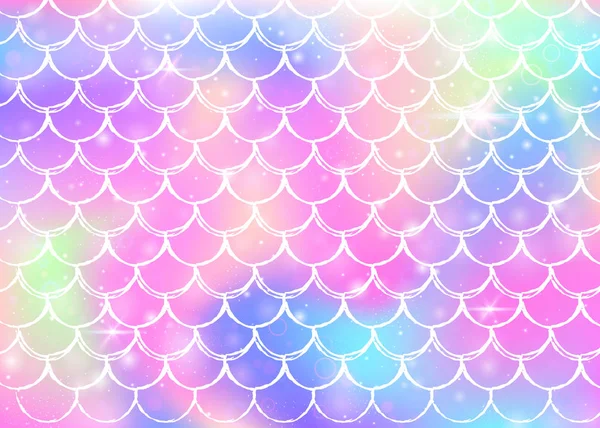 Arco iris escamas fondo con kawaii sirena princesa patrón. — Vector de stock