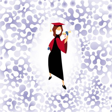 Başarabiliriz. Salgın sırasında eğitim. Tıbbi maske takan ve lastik eldiven takan bir öğrenci diploma parşömenine sahip. Covid-19 salgınının tehlikeli ortamının simgesiz arka planı..