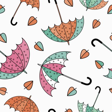 Şemsiyeler dikişsiz desen. Renkli vektör illüstrasyon. Yazdırma. Arka planı tekrarlıyorum. Kumaş tasarımı, duvar kağıdı.