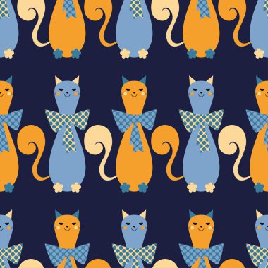 Dekoratif kediler ve kalpleri ile sorunsuz vektör arka plan. Yay polka dot. Yazdırın. Yinelenen arka plan. Kumaş tasarımı, duvar kağıdı.