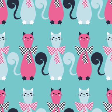 Dekoratif kediler ve kalpleri ile sorunsuz vektör arka plan. Yay polka dot. Yazdırın. Yinelenen arka plan. Kumaş tasarımı, duvar kağıdı.