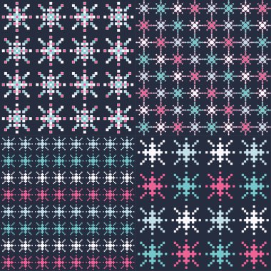 Piksel kar taneleri ile 4 kesintisiz arka plan ayarlayın. Kış. Yazdırma. Arka planı tekrarlıyorum. Kumaş tasarımı, duvar kağıdı.