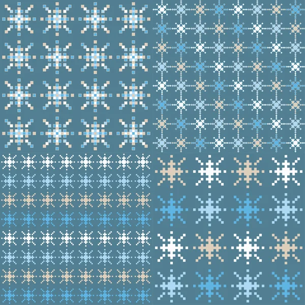 Set med 4 sömlösa bakgrunder med pixel snöflingor. Vintern. Skriva ut. Upprepad bakgrund. Tyg design, tapeter. — Stock vektor