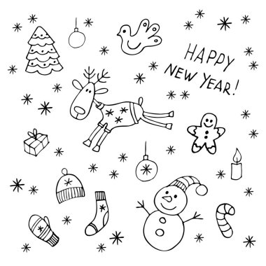 Doodle Noel ve yeni yıl öğeleri kümesi. Vektör çizim.