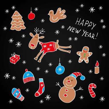 Doodle Noel ve yeni yıl öğeleri kümesi. Vektör çizim.