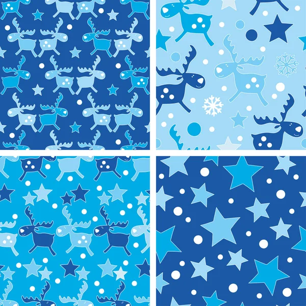 Conjunto de 4 fondos navideños sin costuras con ciervos garabatos y estrellas. Impresión. Repetir antecedentes. Diseño de tela, papel pintado . — Vector de stock